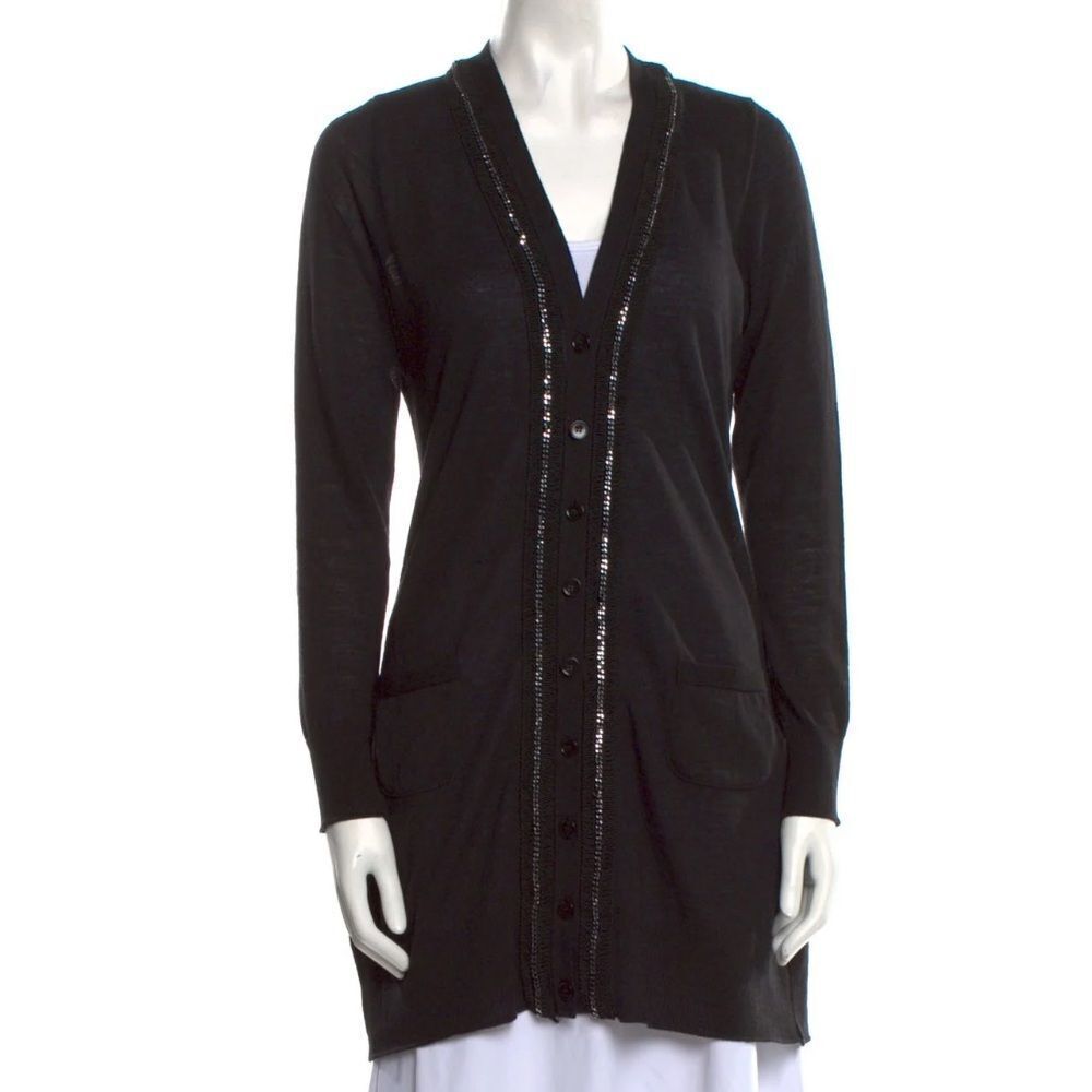 Anne Fontaine black wool v neck chain embellished cardigan sweater women’s 38